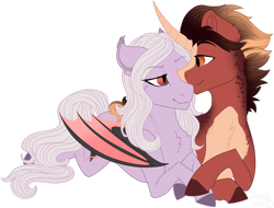 Size: 1720x1307 | Tagged: safe, artist:sharxz, oc, oc:firefall, oc:violet thorn, bat pony, pony, unicorn, bat pony oc, bedroom eyes, commission, couple, digital art, fangs, female, gift art, looking at each other, male, mare, nuzzling, oc x oc, prone, shipping, simple background, smiling, stallion, straight, transparent background, viofall
