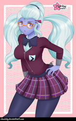 Size: 851x1352 | Tagged: safe, artist:clouddg, sugarcoat, equestria girls, g4, my little pony equestria girls: friendship games, breasts, busty sugarcoat, clothes, crystal prep academy uniform, female, glasses, hand on hip, leggings, looking at you, multiple variants, open mouth, pigtails, plaid skirt, pleated skirt, school uniform, signature, skirt, solo, twintails