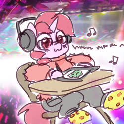 Size: 1800x1800 | Tagged: safe, artist:dawnfire, oc, oc only, oc:dawnfire, pony, unicorn, clothes, drawing, glasses, headphones, music notes, solo