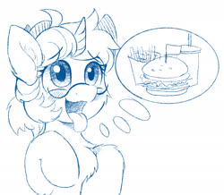 Size: 1936x1685 | Tagged: safe, artist:draconidsmxz, oc, oc only, pony, unicorn, burger, chest fluff, food, french fries, glasses, hungry, monochrome, open mouth, solo, thought bubble, tongue out