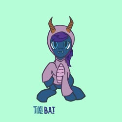 Size: 1125x1125 | Tagged: safe, alternate version, artist:tikibat, oc, oc:stardust, bat pony, pony, bat pony oc, clothes, epcot, epcot center, fangs, figment, green background, hoodie, jacket, male, simple background, sitting, slit pupils, smiling, stallion, sweater