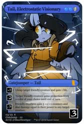 Size: 807x1200 | Tagged: safe, artist:bbsartboutique, oc, oc only, oc:tail, pegasus, semi-anthro, arm hooves, badge, clothes, electropunk, female, gatejumper, goggles, jacket, lightning, mare, parody, solo, sorcery: the collecting, squeeb games