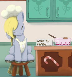 Size: 1650x1781 | Tagged: safe, artist:redquoz, derpy hooves, bird pone, pegasus, pony, g4, apron, chef's hat, clothes, cute, derpabetes, eyes closed, female, hat, leg fluff, mare, one ear down, sitting, sleeping, solo, stool, tail feathers, unshorn fetlocks, weapons-grade cute