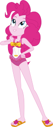 Size: 1107x2630 | Tagged: safe, artist:marcorulezzz, pinkie pie, human, equestria girls, g4, my little pony equestria girls: better together, x marks the spot, clothes, cute, diapinkes, feet, female, looking up, pink swimsuit, pinkie pie swimsuit, sandals, simple background, smiling, solo, swimsuit, thinking, transparent background, vector