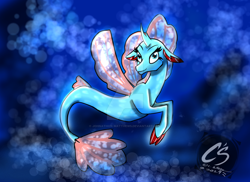 Size: 1024x745 | Tagged: safe, artist:johnathon-matthews, ocellus, changeling, merpony, seapony (g4), g4, bubble, crepuscular rays, cute, deviantart watermark, disguise, disguised changeling, dorsal fin, female, fin, fin wings, fins, fish tail, flowing mane, flowing tail, green eyes, looking at you, mermay, obtrusive watermark, ocean, scales, seaponified, seapony ocellus, signature, smiling, smiling at you, solo, species swap, sunlight, swimming, tail, underwater, water, watermark, wings