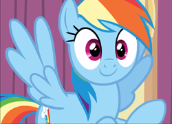 Size: 1305x938 | Tagged: safe, screencap, rainbow dash, pegasus, pony, g4, stranger than fan fiction, cropped, cute, dashabetes, female, flying, looking at you, mare, raised hoof, smiling, solo, spread wings, wings