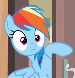 Size: 912x937 | Tagged: safe, screencap, rainbow dash, pegasus, pony, g4, stranger than fan fiction, cropped, door, female, mare, raised hoof, solo, spread wings, surprised, wings