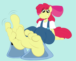 Size: 2505x2028 | Tagged: safe, artist:superyogtendo, apple bloom, earth pony, anthro, g4, 4 toes, barefoot, breasts, busty apple bloom, clothes, feet, female, fetish, foot fetish, foot focus, high res, itchy, older, older apple bloom, scratching, simple background, sitting, soles, solo, toes, wiggle, wiggling toes