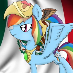Size: 1000x1000 | Tagged: safe, artist:asiandra dash, rainbow dash, pegasus, pony, g4, alternate design, alternate hairstyle, aztec, female, mexican flag, signature, solo