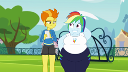 Size: 2560x1440 | Tagged: safe, artist:neongothic, rainbow dash, spitfire, equestria girls, g4, bbw, breasts, busty rainbow dash, double chin, fat, female, nervous smile, notepad, obese, pencil, rainblob dash, spitfire is not amused, story in the comments, story included, thighs, thunder thighs, weight gain, wondercolts uniform