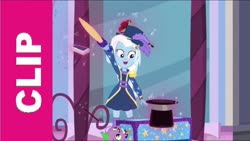 Size: 1280x720 | Tagged: safe, screencap, spike, spike the regular dog, trixie, dog, equestria girls, equestria girls series, g4, street magic with trixie, spoiler:eqg series (season 2), magician outfit, sword, weapon, youtube thumbnail