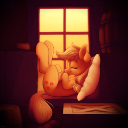 Size: 4000x4000 | Tagged: safe, artist:ohemo, applejack, earth pony, pony, g4, absurd resolution, curled up, cute, digital art, female, jackabetes, mare, nap, pillow, sleeping, smiling, solo