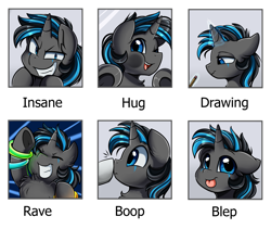 Size: 2349x1978 | Tagged: safe, artist:pridark, oc, oc:blaze, pony, unicorn, :p, boop, chart, chest fluff, commission, drawing, emotions, glowing horn, horn, incoming hug, insanity, levitation, magic, one eye closed, open mouth, pencil, rave, teeth, telekinesis, tongue out, underhoof