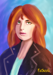 Size: 1000x1422 | Tagged: safe, artist:fathzoli, sunset shimmer, human, g4, abstract background, badass, bust, digital painting, female, humanized, ibispaint x, looking at you, portrait, solo