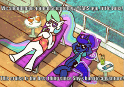 Size: 567x400 | Tagged: safe, artist:2snacks, edit, princess celestia, princess luna, alicorn, pony, two best sisters play, between dark and dawn, g4, animated, duo, female, gif, mare, relaxing, royal sisters, scientology, sunglasses, vacation