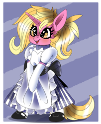 Size: 972x1200 | Tagged: safe, artist:brainiac, luster dawn, pony, unicorn, g4, abstract background, bipedal, chibi, clothes, cute, dress, female, heart eyes, inspired by another artist, lusterbetes, maid, mare, open mouth, shoes, smiling, socks, solo, wingding eyes