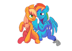 Size: 2100x1500 | Tagged: safe, artist:jazzwolfblaze, applejack, rainbow dash, earth pony, pegasus, pony, g4, female, lesbian, mare, one eye closed, raised hoof, ship:appledash, shipping, simple background, sitting, transparent background