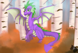 Size: 2962x2025 | Tagged: safe, artist:jazzwolfblaze, spike, dragon, g4, commission, fangs, forest, high res, looking at you, male, older, older spike, solo, spread wings, winged spike, wings