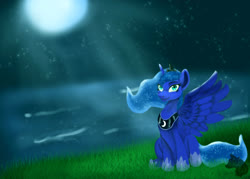 Size: 2100x1500 | Tagged: safe, artist:jazzwolfblaze, princess luna, alicorn, pony, crepuscular rays, female, jewelry, looking at you, mare, moon, moonlight, night, night sky, regalia, sitting, sky, smiling, solo, speedpaint available, spread wings, starry night, stars, water, wings