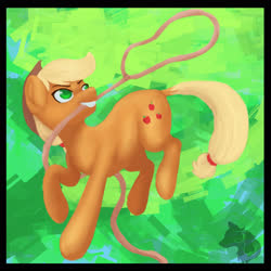 Size: 2449x2449 | Tagged: safe, artist:jazzwolfblaze, applejack, earth pony, pony, g4, abstract background, cutie mark, female, high res, lasso, mare, mouth hold, raised hoof, rope, solo