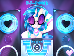 Size: 4000x3000 | Tagged: dead source, safe, artist:bunxl, dj pon-3, vinyl scratch, pony, unicorn, g4, ethereal mane, female, glowstick, grin, headphones, mare, record, smiling, solo, speaker, starry mane, sunglasses, turntable