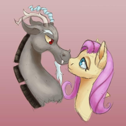 Size: 580x580 | Tagged: safe, artist:jazzwolfblaze, edit, part of a set, discord, fluttershy, draconequus, pony, g4, boop, bust, cropped, female, gradient background, lidded eyes, looking at each other, male, mare, noseboop, ship:discoshy, shipping, smiling, straight