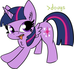 Size: 841x787 | Tagged: safe, artist:poniidesu, twilight sparkle, alicorn, pony, g4, /mlp/, >dougs, dock, female, greentext, iwtcird, meme, simple background, solo, stretching, suggestive description, text, tongue out, transparent background, twilight sparkle (alicorn)