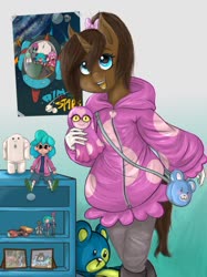 Size: 1024x1366 | Tagged: safe, artist:zsnowfilez, oc, oc only, oc:chocolate frostheart, unicorn, anthro, clothes, female, hoodie, mare, solo