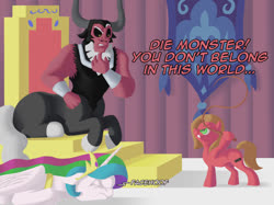 Size: 1067x800 | Tagged: safe, artist:crispokefan, lord tirek, princess celestia, oc, oc:pun, alicorn, earth pony, pony, ask pun, g4, ask, castlevania, castlevania: symphony of the night, confused, die monster, facehoof, female, hoof hold, male, mare, reference, richter belmont, whip