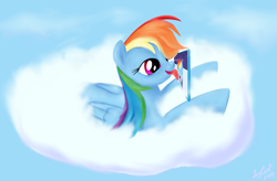 Size: 3025x1983 | Tagged: safe, artist:joycat, rainbow dash, pegasus, pony, g4, cloud, female, folded wings, licking, lying, mare, on a cloud, sky, tongue out, wings