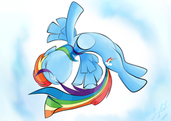 Size: 2912x2059 | Tagged: safe, artist:joycat, rainbow dash, pegasus, pony, g4, cloud, female, flying, high res, mare, sky, spread wings, wings