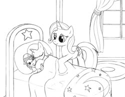 Size: 1197x925 | Tagged: safe, artist:blazelupine, daring do, trixie, oc, oc:stardust, pony, unicorn, g4, bed, bedroom, carpet, duo, female, filly, monochrome, mother and child, mother and daughter, offspring, parent:oc:pickles, parent:trixie, parents:canon x oc, parents:trikles, pillow, plushie, room, simple background, sleeping, traditional art, white background, window