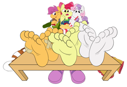 Size: 2421x1668 | Tagged: safe, artist:superyogtendo, apple bloom, scootaloo, sweetie belle, earth pony, pegasus, unicorn, anthro, g4, barefoot, breasts, busty apple bloom, busty scootaloo, chocolate, clothes, cutie mark crusaders, drink, feet, feet on table, female, fetish, food, foot fetish, foot focus, footsie, interlocking toes, older, older apple bloom, older scootaloo, older sweetie belle, popcorn, shoes, shoes off, simple background, soles, toes, white background