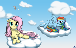 Size: 1680x1050 | Tagged: safe, artist:renatethepony, derpy hooves, fluttershy, rainbow dash, pegasus, pony, g4, cloud, cute, female, lying, mail, mailmare, mare, on a cloud, spread wings, wings