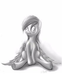 Size: 2096x2485 | Tagged: safe, artist:sayaal, derpy hooves, pegasus, pony, g4, female, high res, mare, monochrome, pencil drawing, simple background, sitting, smiling, solo, traditional art