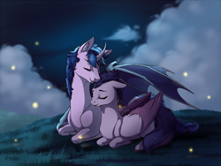 Size: 1733x1300 | Tagged: safe, artist:28gooddays, oc, oc only, alicorn, bat pony, bat pony alicorn, pony, bat wings, couple, horn, night, wings, ych result