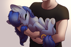 Size: 1300x859 | Tagged: safe, artist:28gooddays, oc, oc only, oc:shadow blue, human, pony, holding a pony, size difference, sleeping, solo, ych result