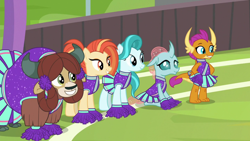 Size: 1920x1080 | Tagged: safe, screencap, lighthoof, ocellus, shimmy shake, smolder, yona, changedling, changeling, dragon, earth pony, pony, yak, 2 4 6 greaaat, g4, cheerleader outfit, clothes, cloven hooves, dragoness, female, mare, monkey swings, pom pom