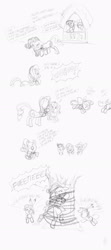 Size: 1000x2256 | Tagged: safe, artist:carnifex, edit, apple bloom, pinkie pie, rarity, scootaloo, sweetie belle, twilight sparkle, earth pony, pegasus, pony, unicorn, g4, bondage, cowboy, cropped, feather, female, filly, game, golden oaks library, indian, mare, monochrome, muffled words, playing, rope, squawtaloo, sweetie squaw, tied up, tree