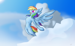 Size: 3126x1918 | Tagged: safe, artist:konditorei, rainbow dash, pegasus, pony, g4, cloud, cute, dashabetes, female, flying, happy, mare, sky, solo, spread wings, wings