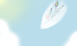 Size: 3162x1897 | Tagged: safe, artist:dozymouse, rainbow dash, pegasus, pony, g4, cloud, fast, female, mare, sky, smiling, sun, wings