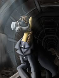 Size: 1500x2000 | Tagged: safe, artist:28gooddays, oc, oc only, pony, clothes, coat, gas mask, mask, metro, metro 2033, railroad, solo, underground