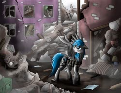 Size: 1300x1000 | Tagged: safe, artist:28gooddays, oc, oc only, pony, city, clothes, gas mask, mask, ruins, solo, teddy bear
