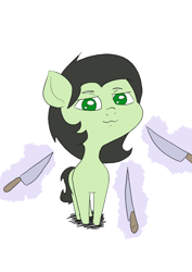 Size: 1000x1414 | Tagged: safe, artist:happy harvey, oc, oc:filly anon, earth pony, pony, :3, colored pupils, female, filly, knife, knife cat, magic, magic aura, offscreen character, smug