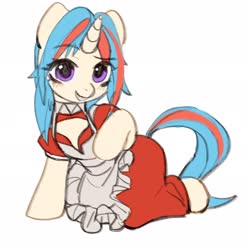 Size: 2048x2048 | Tagged: safe, artist:tingsan, oc, oc only, oc:iuth, unicorn, semi-anthro, apron, arm hooves, blushing, clothes, dress, female, high res, kneeling, maid, mare, meme, pizza hut maid dress, simple background, solo, white background