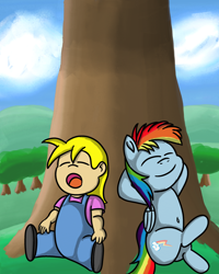 Size: 2400x3000 | Tagged: safe, artist:saburodaimando, rainbow dash, oc, oc:wanda young, human, pegasus, pony, g4, belly button, child, crossed hooves, cute, female, filly, filly rainbow dash, high res, sleeping, younger