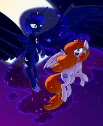 Size: 1638x1998 | Tagged: safe, artist:ayvie-art, artist:victoreach, princess luna, oc, alicorn, pegasus, pony, g4, duo, female, flying, full moon, looking at each other, mare, moon, night, smiling, spread wings, wings