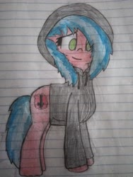 Size: 3456x4608 | Tagged: safe, artist:flame starkly, oc, oc only, oc:flame pepper, demon, demon pony, original species, clothes, cute, female, gender swap potion, hoodie, lined paper, mare, missing wing, paper, solo, traditional art
