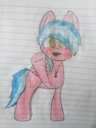 Size: 3456x4608 | Tagged: safe, artist:flame starkly, oc, oc only, oc:flame pepper, demon, demon pony, original species, pegasus, pony, grin, inverted cross, lined paper, looking at you, paper, smiling, solo, traditional art, waving