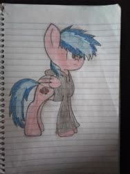 Size: 3456x4608 | Tagged: safe, artist:flame starkly, oc, oc only, oc:flame pepper, demon, demon pony, original species, pegasus, pony, clothes, hoodie, lined paper, solo, traditional art